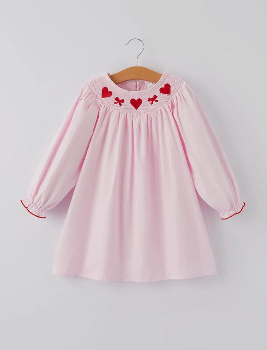 Valentine’s Pink Smocked Long Sleeve Dress