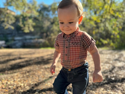 Jasper Woven Onesie in Rust Plaid