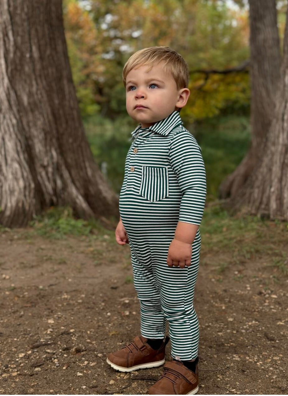 Dark Green/White Stripe Kingston Polo Romper