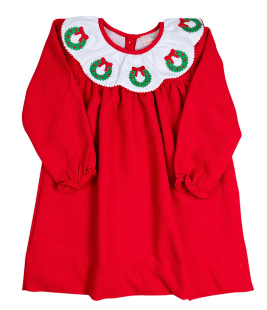 Red Wreath Embroidered Scallop Collar Dress