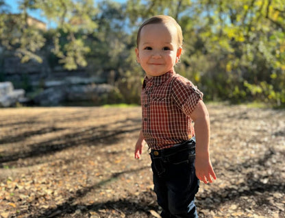 Jasper Woven Onesie in Rust Plaid