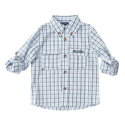 Founders’ Kids Fishing Shirt in Posy Green Powder Blue Windowpane