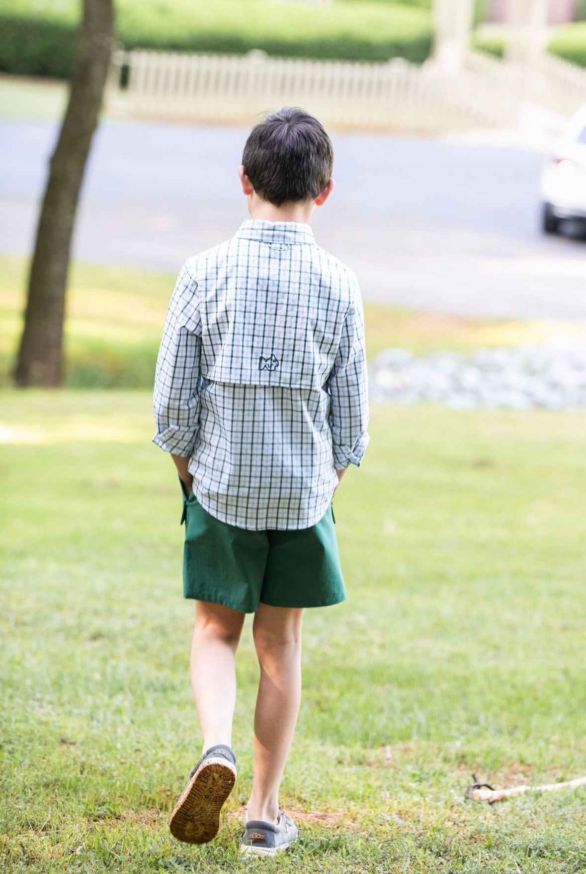 Founders’ Kids Fishing Shirt in Posy Green Powder Blue Windowpane