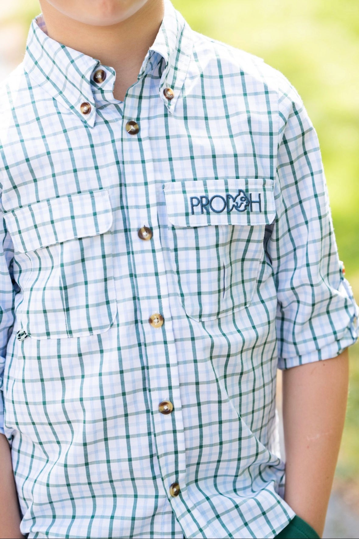 Founders’ Kids Fishing Shirt in Posy Green Powder Blue Windowpane