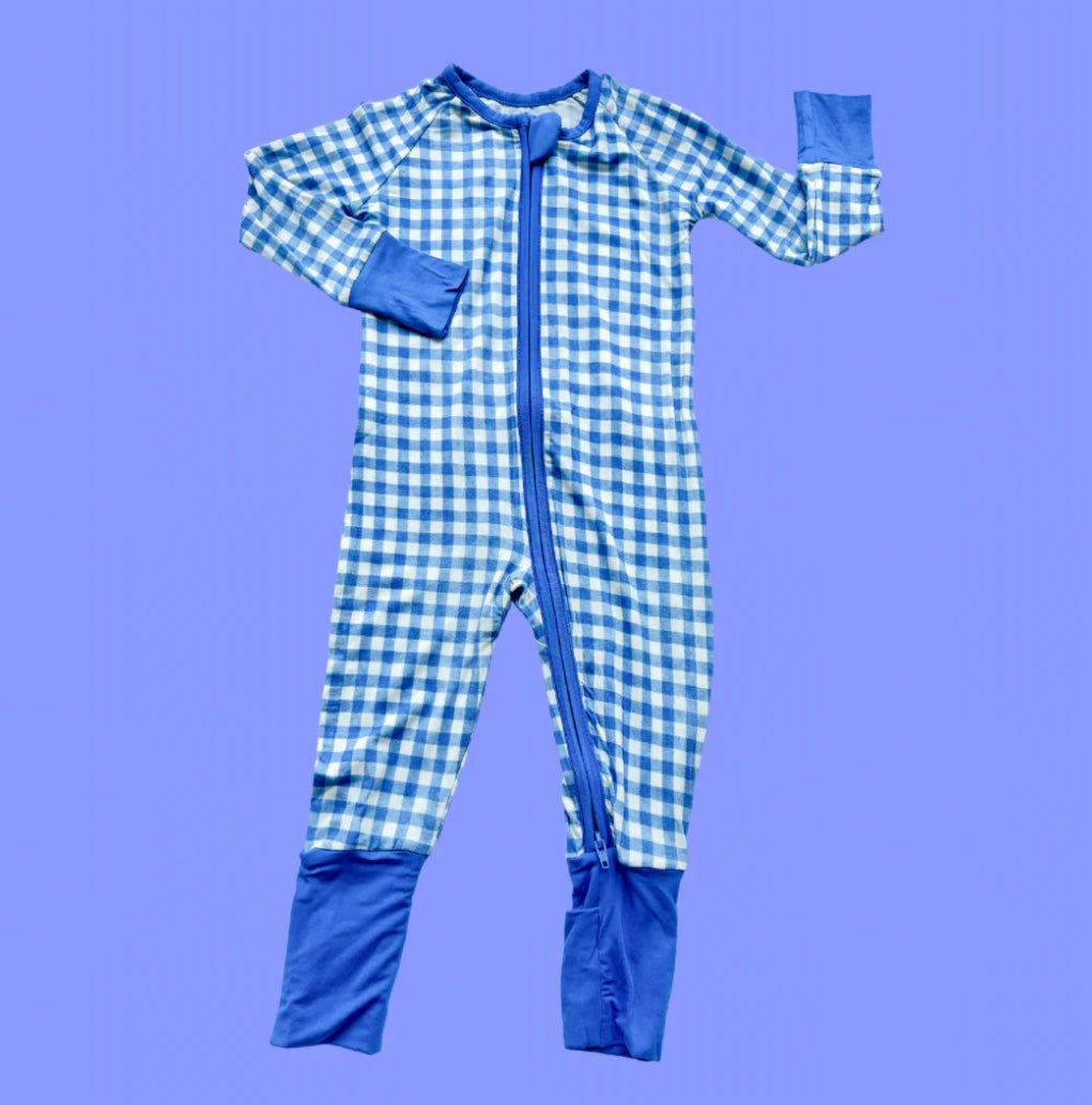 Blue Gingham Zipper Romper