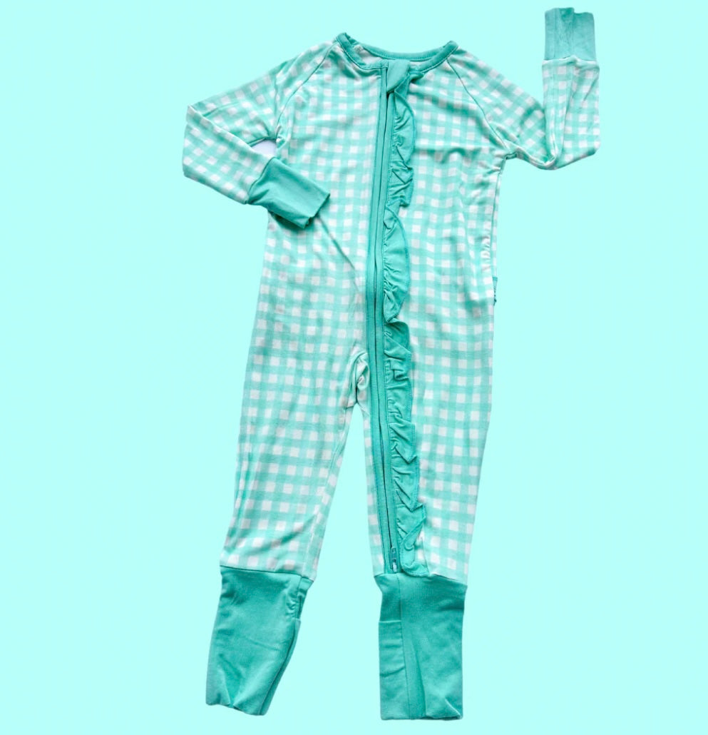 Mint Green Gingham Ruffle Romper